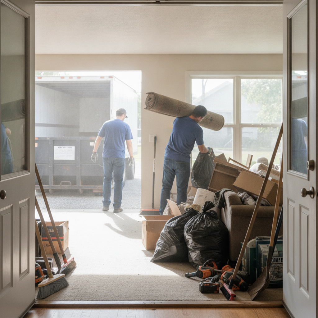 Create a realistic, professional service-business photograph showing Estate Cleanout Service from behind, with the backs of their heads visible. Do not show any faces, facial features, front-facing views or side views, profiles, or identifi