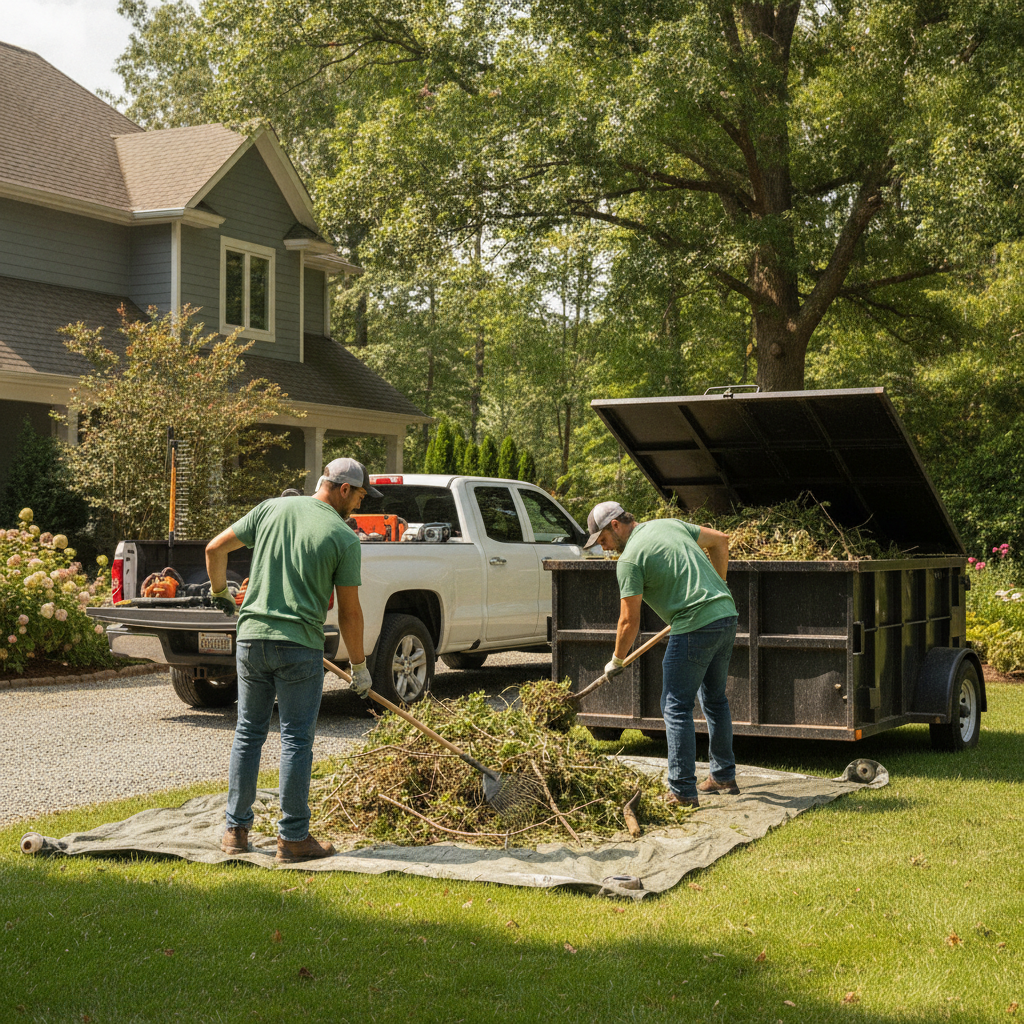 Create a realistic, professional service-business photograph showing Yard Waste Removal from behind, with the backs of their heads visible. Do not show any faces, facial features, front-facing views or side views, profiles, or identifiable